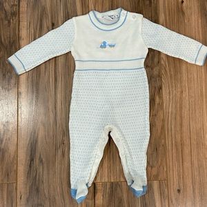 Size 6 Month Freimanit Brand Blue and White Vintage Footies with Train detail.